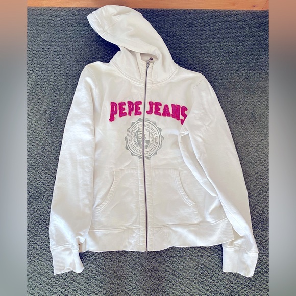 Pepe Jeans London Size Large hooded Cream and pink zip up sweater - Picture 1 of 8